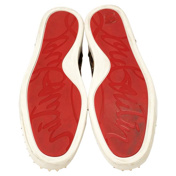 Pre Owned Christian Louboutin Brown Leather And Leopard Print Canvas Louis Junior Spikes Sneakers Size 45.5