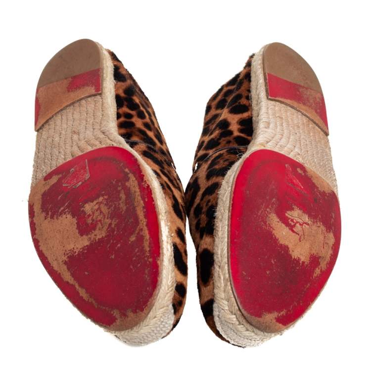 Pre Owned Christian Louboutin Brown/Beige Leopard Print Calf Hair Slip On Espadrilles Size 43