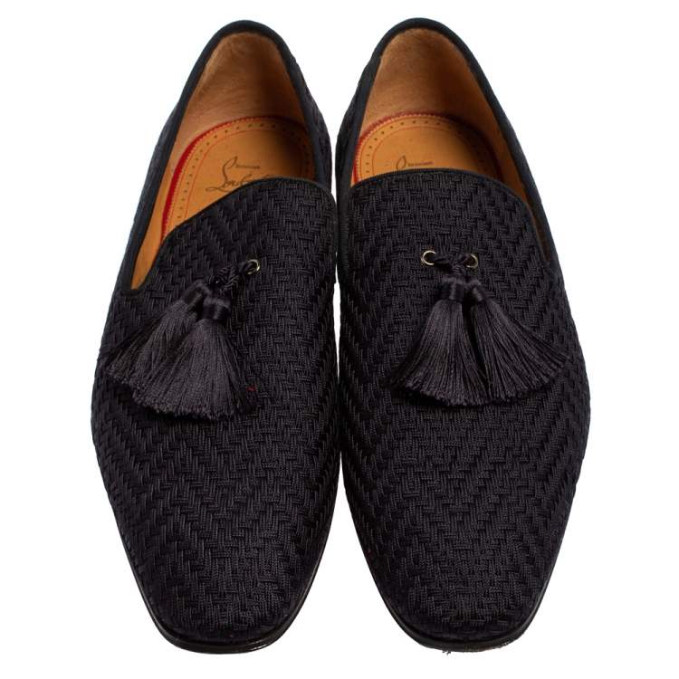 Pre Owned Christian Louboutin Navy Blue Woven Fabric Officialito Tassel Loafers Size 43