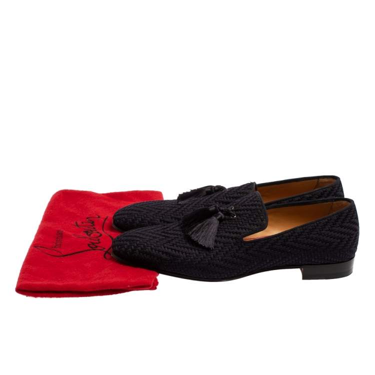 Pre Owned Christian Louboutin Navy Blue Woven Fabric Officialito Tassel Loafers Size 43