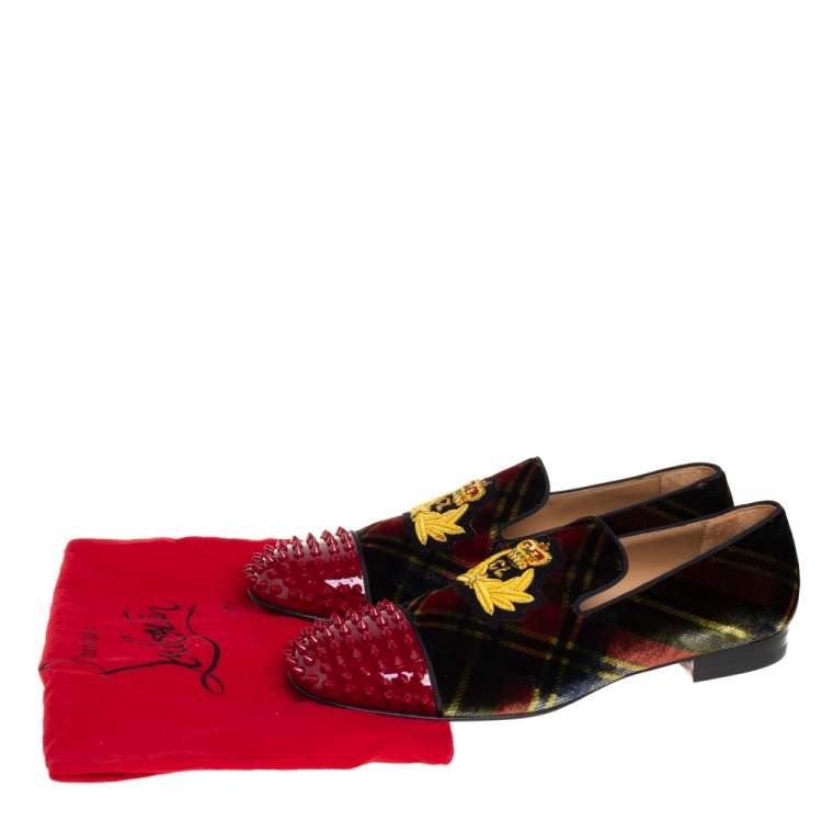 Pre Owned Christian Louboutin Multicolor Check Velvet And Patent Leather Harvanana Spike Smoking Slippers Size 44