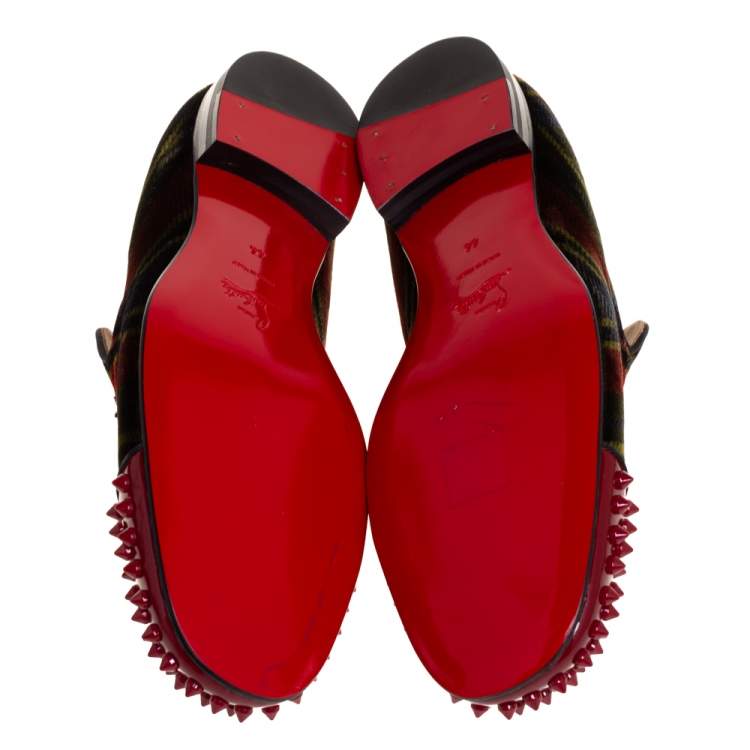 Pre Owned Christian Louboutin Multicolor Check Velvet And Patent Leather Harvanana Spike Smoking Slippers Size 44