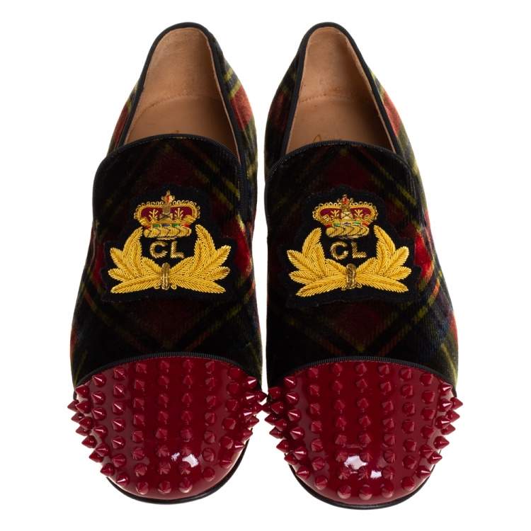 Pre Owned Christian Louboutin Multicolor Check Velvet And Patent Leather Harvanana Spike Smoking Slippers Size 44