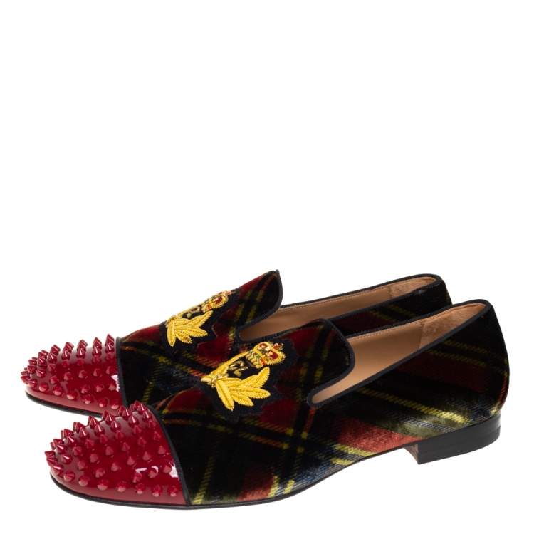 Pre Owned Christian Louboutin Multicolor Check Velvet And Patent Leather Harvanana Spike Smoking Slippers Size 44