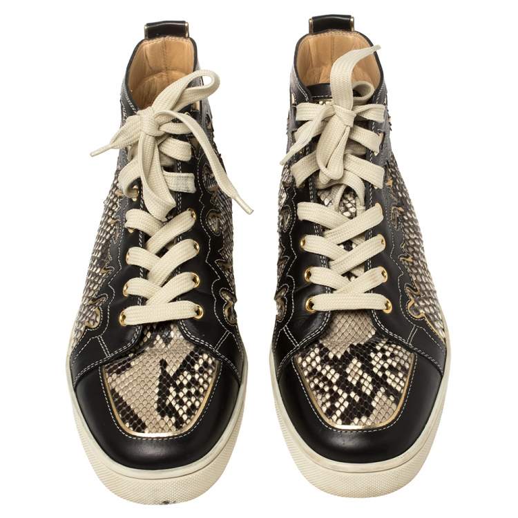 Pre Owned Christian Louboutin Black/Beige Leather And Python Rantus Orlato High Top Sneakers Size 41