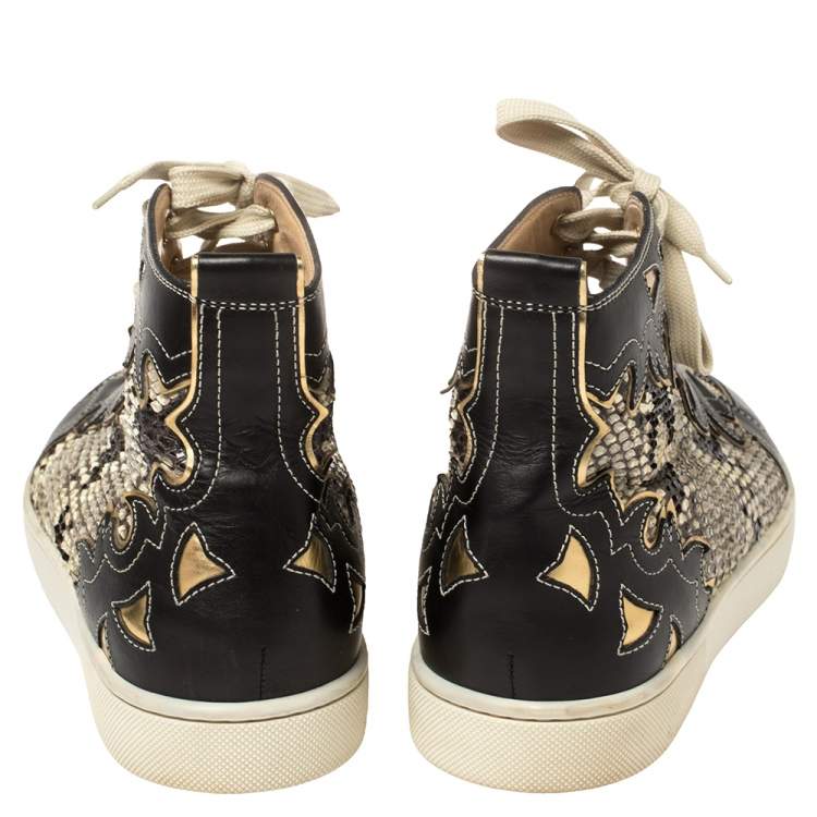 Pre Owned Christian Louboutin Black/Beige Leather And Python Rantus Orlato High Top Sneakers Size 41