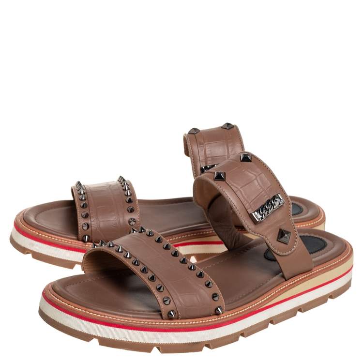 Pre Owned Christian Louboutin Brown Leather Spike And Chain Embellished Flat Sandals Size 45