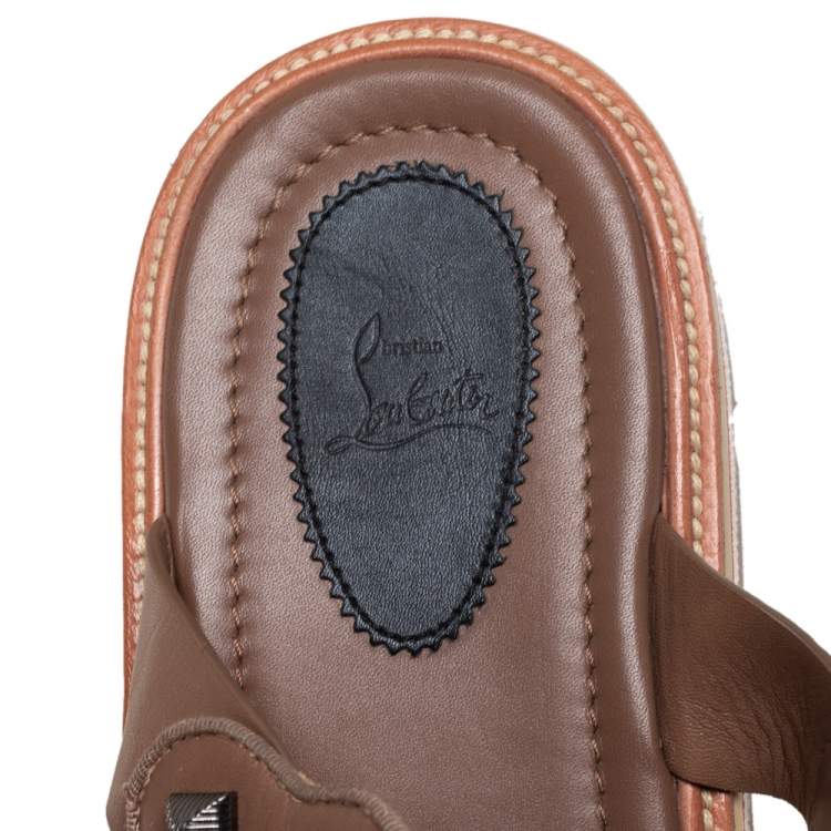 Pre Owned Christian Louboutin Brown Leather Spike And Chain Embellished Flat Sandals Size 45