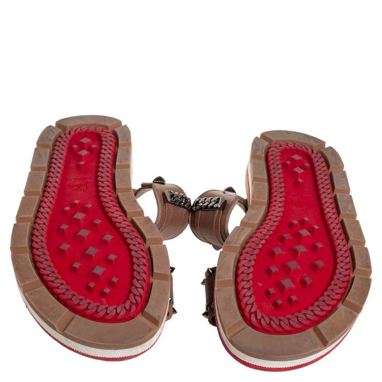 Pre Owned Christian Louboutin Brown Leather Spike And Chain Embellished Flat Sandals Size 45