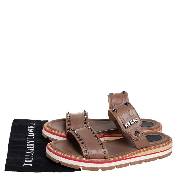 Pre Owned Christian Louboutin Brown Leather Spike And Chain Embellished Flat Sandals Size 45