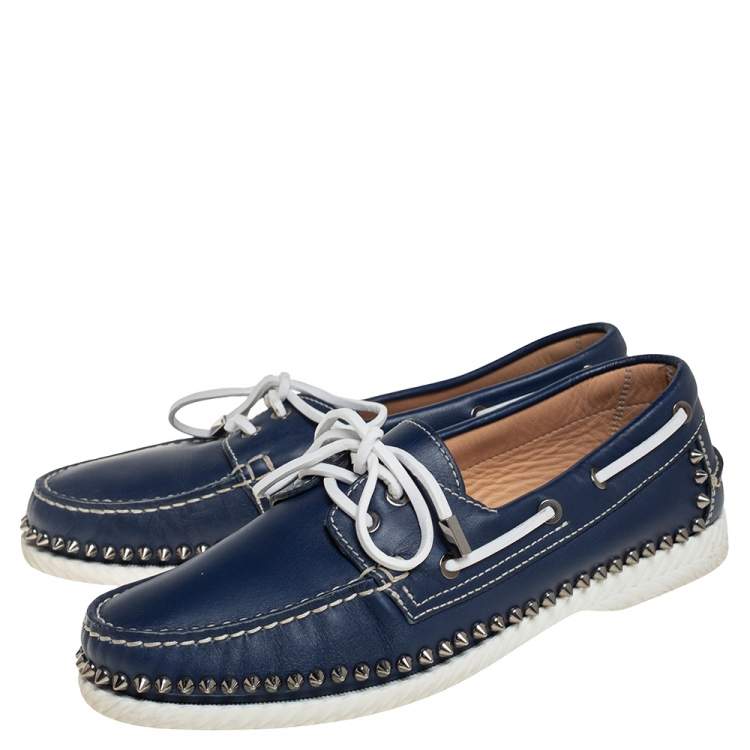 Pre Owned Christian Louboutin Blue Leather Steckel Spike Boat Loafers Size 41