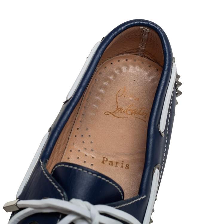 Pre Owned Christian Louboutin Blue Leather Steckel Spike Boat Loafers Size 41