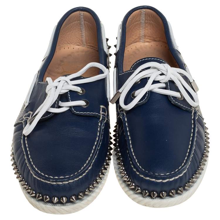 Pre Owned Christian Louboutin Blue Leather Steckel Spike Boat Loafers Size 41