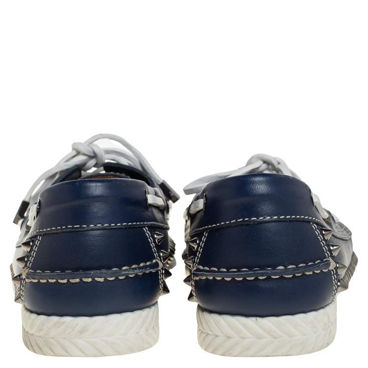 Pre Owned Christian Louboutin Blue Leather Steckel Spike Boat Loafers Size 41