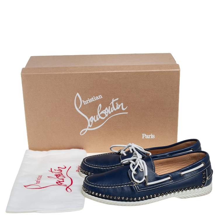 Pre Owned Christian Louboutin Blue Leather Steckel Spike Boat Loafers Size 41