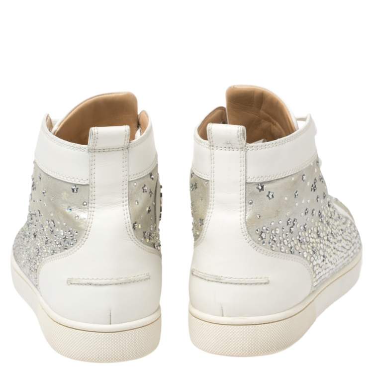 Pre Owned Christian Louboutin Silver/White Leather Rantus Crystal Embellished High Top Sneakers Size 41