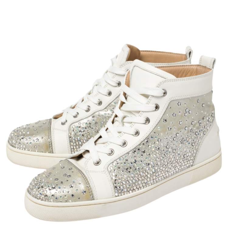 Pre Owned Christian Louboutin Silver/White Leather Rantus Crystal Embellished High Top Sneakers Size 41