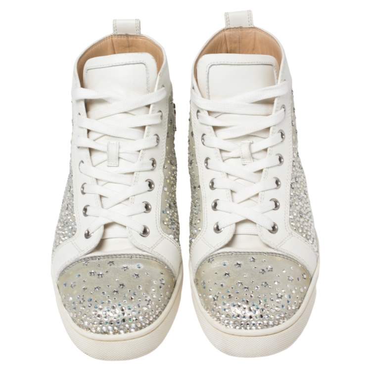 Pre Owned Christian Louboutin Silver/White Leather Rantus Crystal Embellished High Top Sneakers Size 41