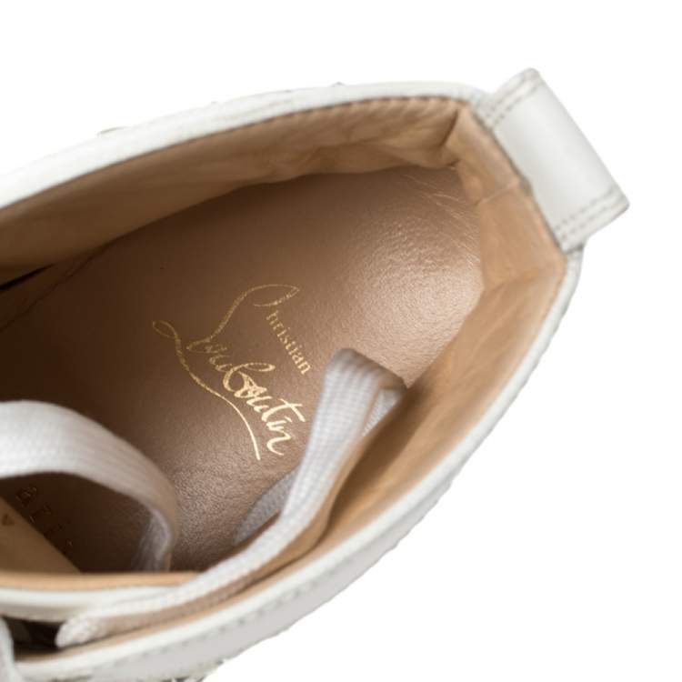 Pre Owned Christian Louboutin Silver/White Leather Rantus Crystal Embellished High Top Sneakers Size 41