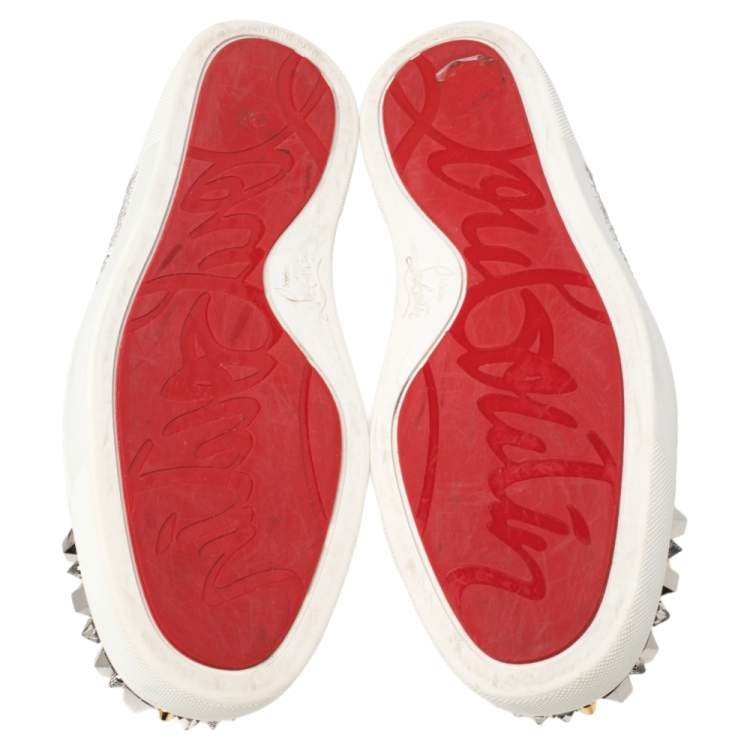 Pre Owned Christian Louboutin White Leather Louis Junior Mix Spikes And Crystal Embellished Sneakers Size 41.5