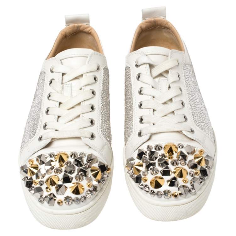 Pre Owned Christian Louboutin White Leather Louis Junior Mix Spikes And Crystal Embellished Sneakers Size 41.5