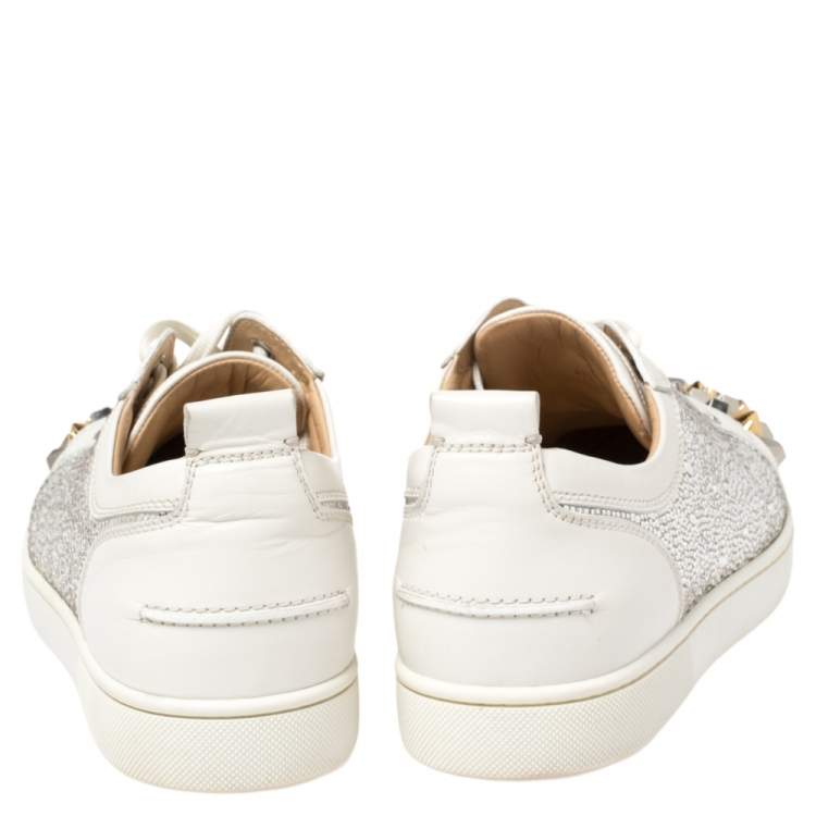 Pre Owned Christian Louboutin White Leather Louis Junior Mix Spikes And Crystal Embellished Sneakers Size 41.5