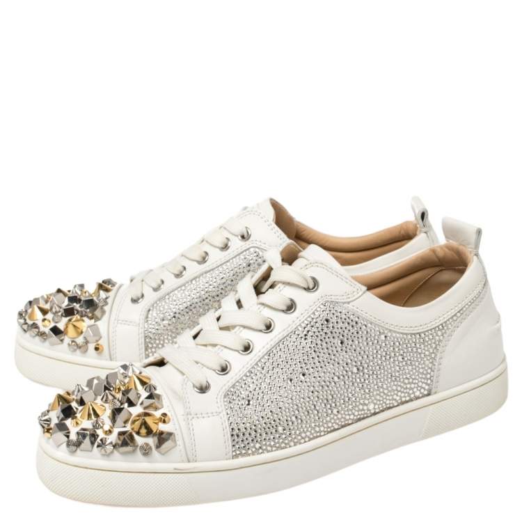 Pre Owned Christian Louboutin White Leather Louis Junior Mix Spikes And Crystal Embellished Sneakers Size 41.5