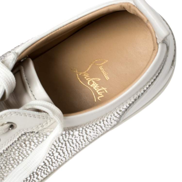 Pre Owned Christian Louboutin White Leather Louis Junior Mix Spikes And Crystal Embellished Sneakers Size 41.5