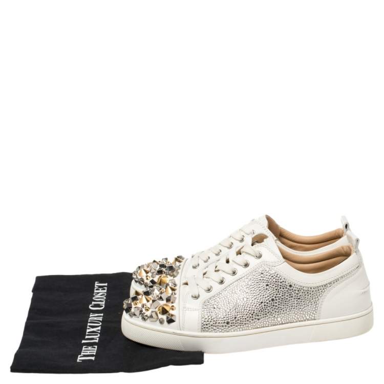 Pre Owned Christian Louboutin White Leather Louis Junior Mix Spikes And Crystal Embellished Sneakers Size 41.5