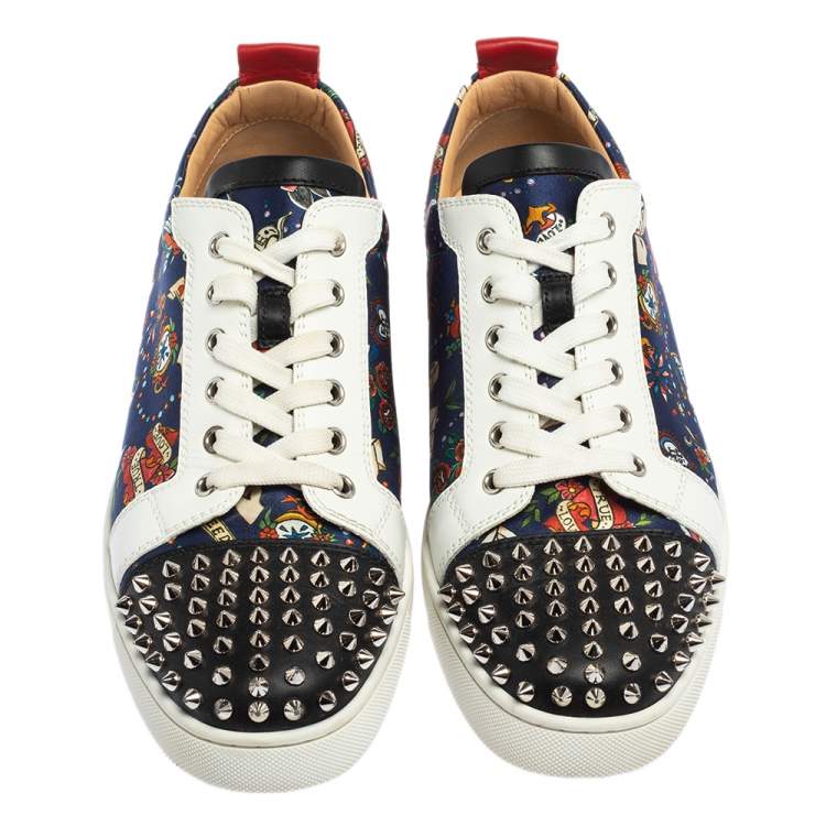 Pre Owned Christian Louboutin Multicolor Floral Print Satin and Leather Louis Spike Junior Low Top Sneakers Size 42
