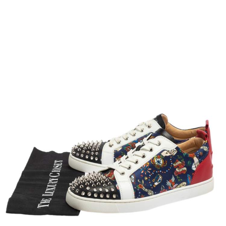 Pre Owned Christian Louboutin Multicolor Floral Print Satin and Leather Louis Spike Junior Low Top Sneakers Size 42