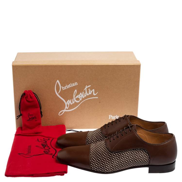 Pre Owned Christian Louboutin Brown Woven Leather Greggo Lace Up Oxford Size 42.5