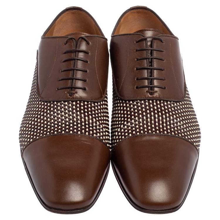 Pre Owned Christian Louboutin Brown Woven Leather Greggo Lace Up Oxford Size 42.5
