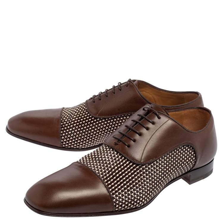 Pre Owned Christian Louboutin Brown Woven Leather Greggo Lace Up Oxford Size 42.5