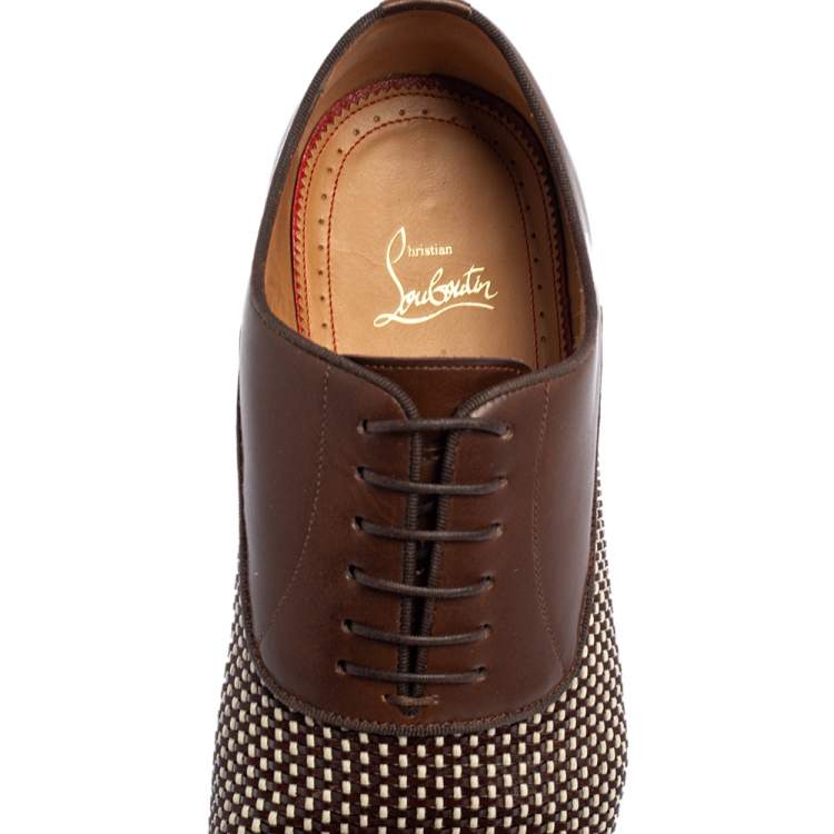 Pre Owned Christian Louboutin Brown Woven Leather Greggo Lace Up Oxford Size 42.5