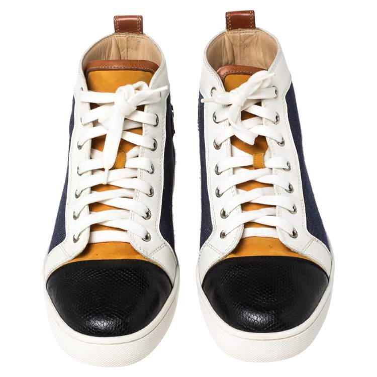 Pre Owned Christian Louboutin Multicolor Denim And Leather Louis Flat High Top Sneakers Size 41.5