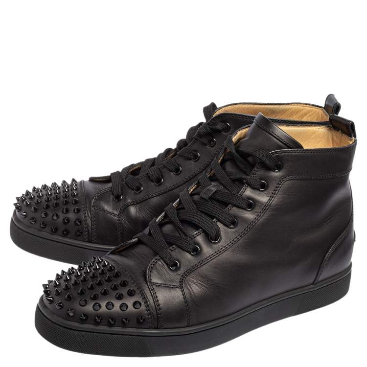 Pre Owned Christian Louboutin Black Leather Lou Spikes High Top Sneakers Size 44.5