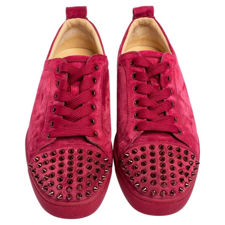 Pre Owned Christian Louboutin Fuchsia Suede Louis Junior Spikes Low Top Sneakers Size 41.5