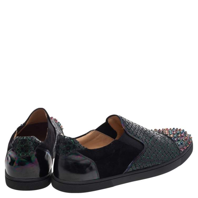 Pre Owned Christian Louboutin Multicolor Snake Print Leather And Holographic Leather Spike Toe Cap Sneakers Size 44