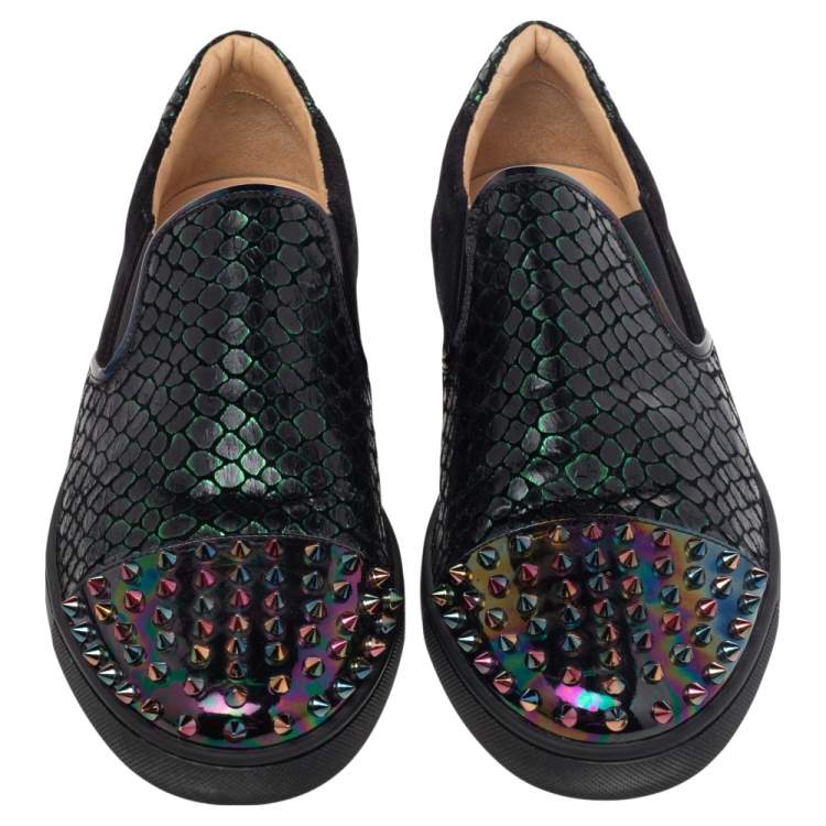 Pre Owned Christian Louboutin Multicolor Snake Print Leather And Holographic Leather Spike Toe Cap Sneakers Size 44