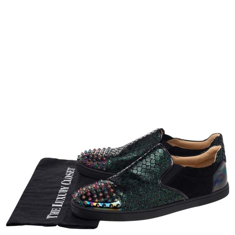 Pre Owned Christian Louboutin Multicolor Snake Print Leather And Holographic Leather Spike Toe Cap Sneakers Size 44