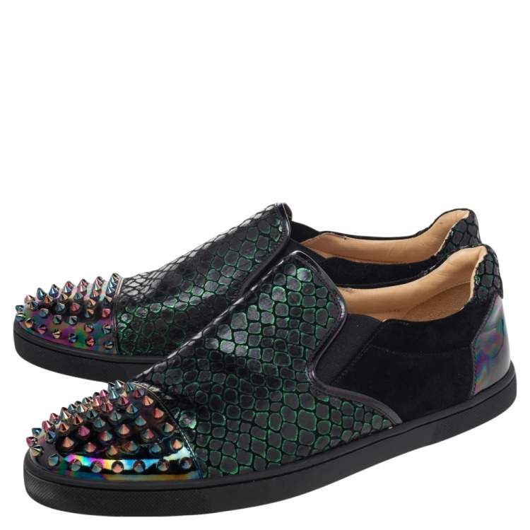 Pre Owned Christian Louboutin Multicolor Snake Print Leather And Holographic Leather Spike Toe Cap Sneakers Size 44