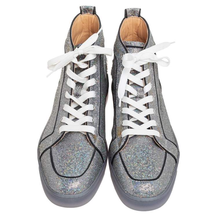 Pre Owned Christian Louboutin Silver Glitter Disco Ball Rantus Orlato High Top Sneakers Size 44.5