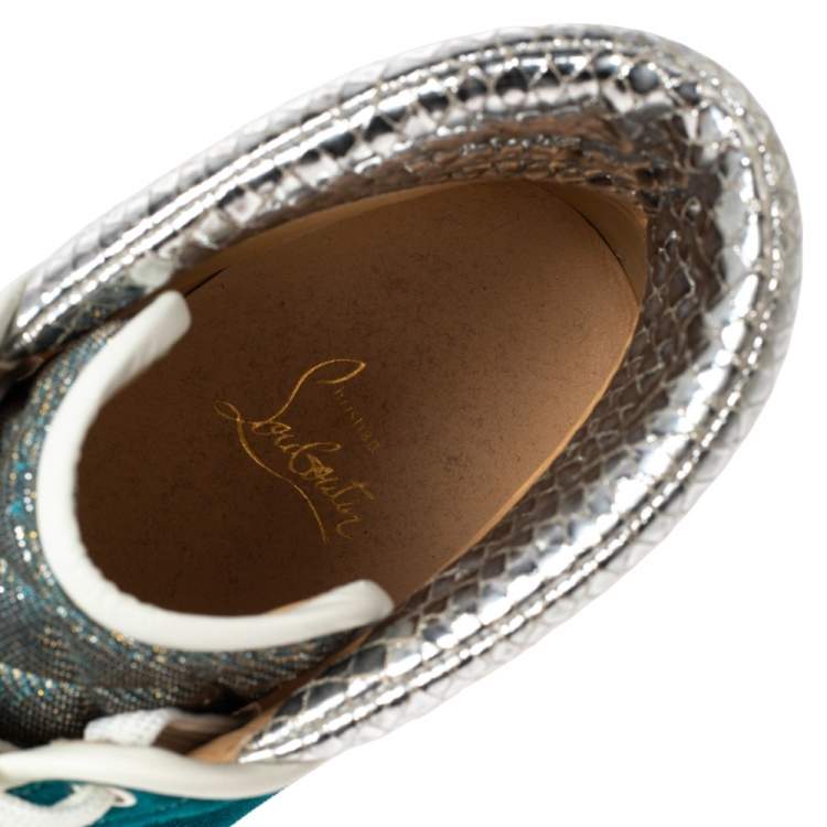 Pre Owned Christian Louboutin Blue/Silver Suede And Python Embossed Leather Louis Spike High Top Sneakers Size 44.5