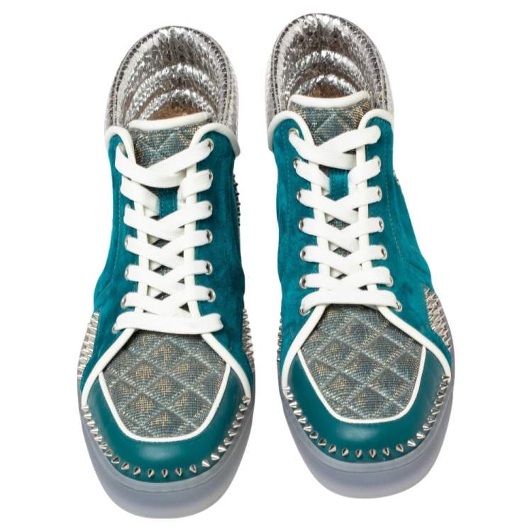 Pre Owned Christian Louboutin Blue/Silver Suede And Python Embossed Leather Louis Spike High Top Sneakers Size 44.5