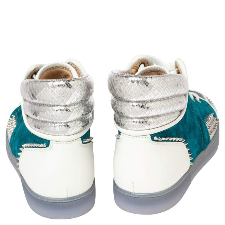Pre Owned Christian Louboutin Blue/Silver Suede And Python Embossed Leather Louis Spike High Top Sneakers Size 44.5