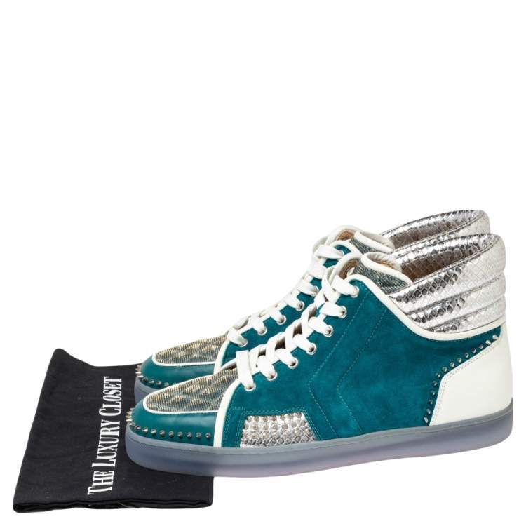 Pre Owned Christian Louboutin Blue/Silver Suede And Python Embossed Leather Louis Spike High Top Sneakers Size 44.5