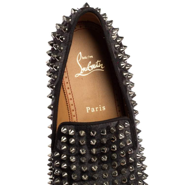 Pre Owned Christian Louboutin Black/Grey Camouflage Flannel Dandelion Spikes Loafer Size 40