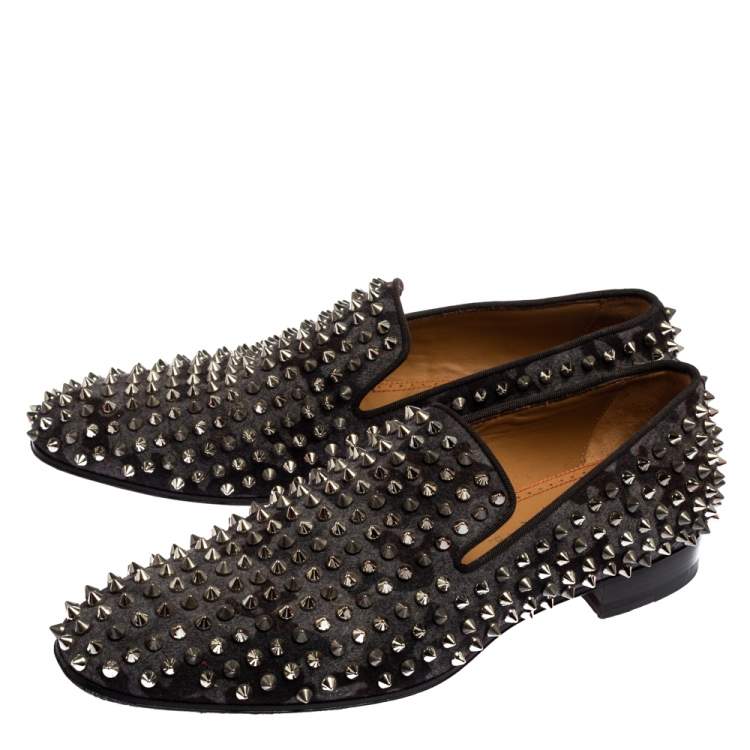 Pre Owned Christian Louboutin Black/Grey Camouflage Flannel Dandelion Spikes Loafer Size 40