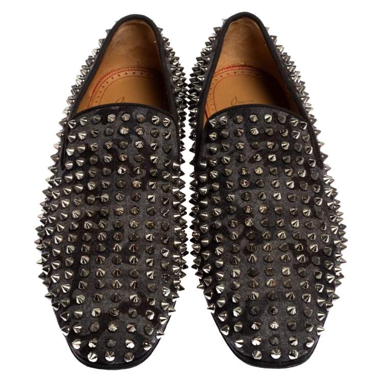 Pre Owned Christian Louboutin Black/Grey Camouflage Flannel Dandelion Spikes Loafer Size 40